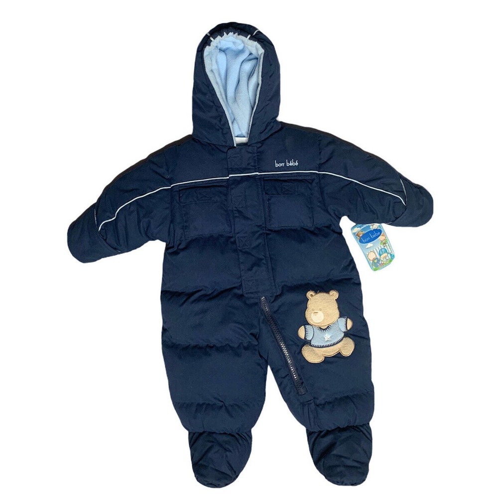 NEW Bon Bebe Warm Fleece Lined Navy Blue Teddy Bear Bunting Snowsuit Size 3/6M